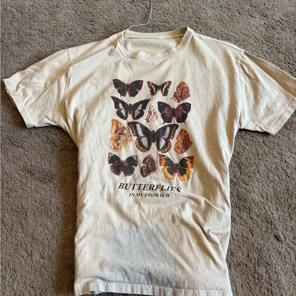 American Eagle Outfitters Beige Butterfly Graphic Tee